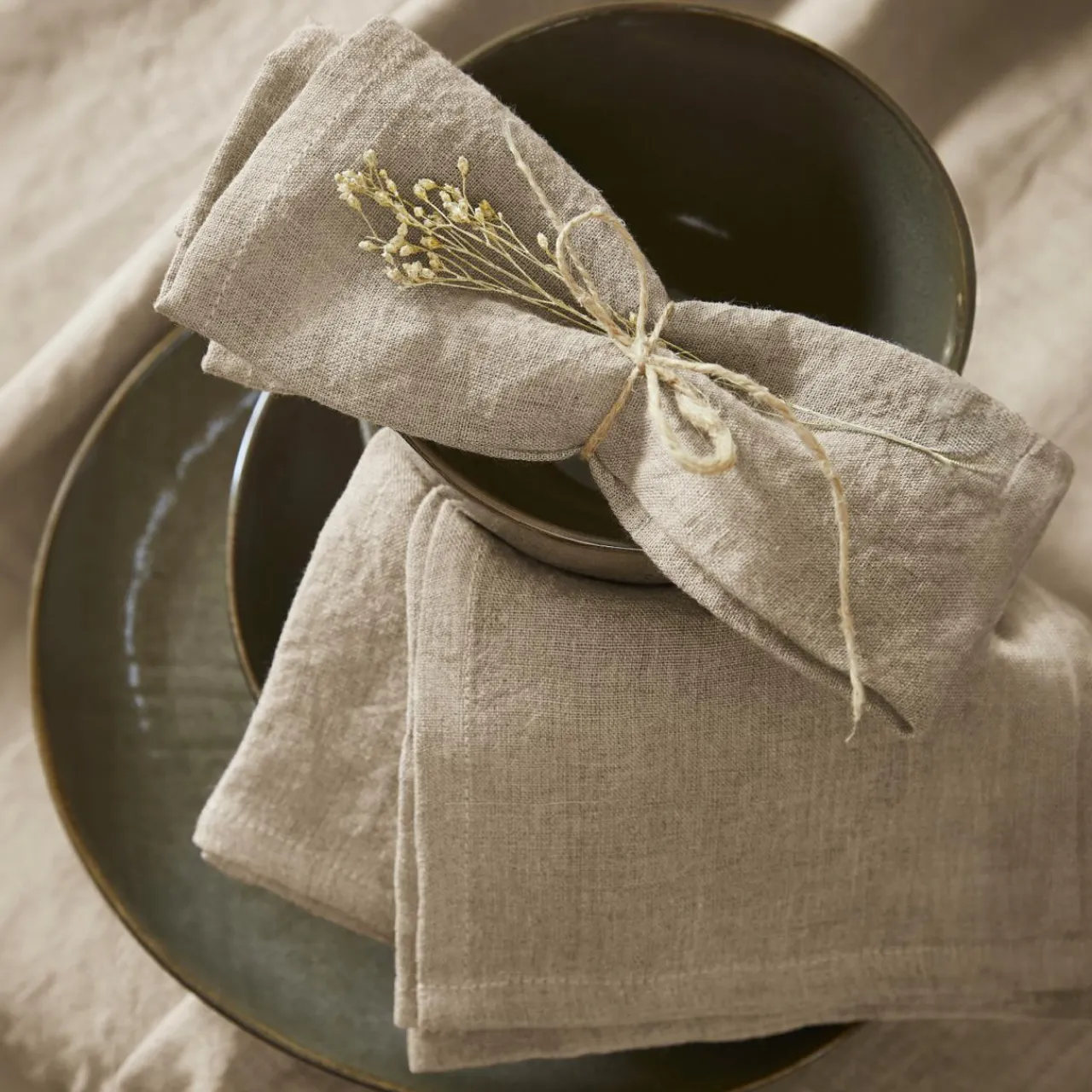 Serviette De Table|EMINZA Lot de 3 serviettes lin lavé (40 x 40 cm) Louise s Beige