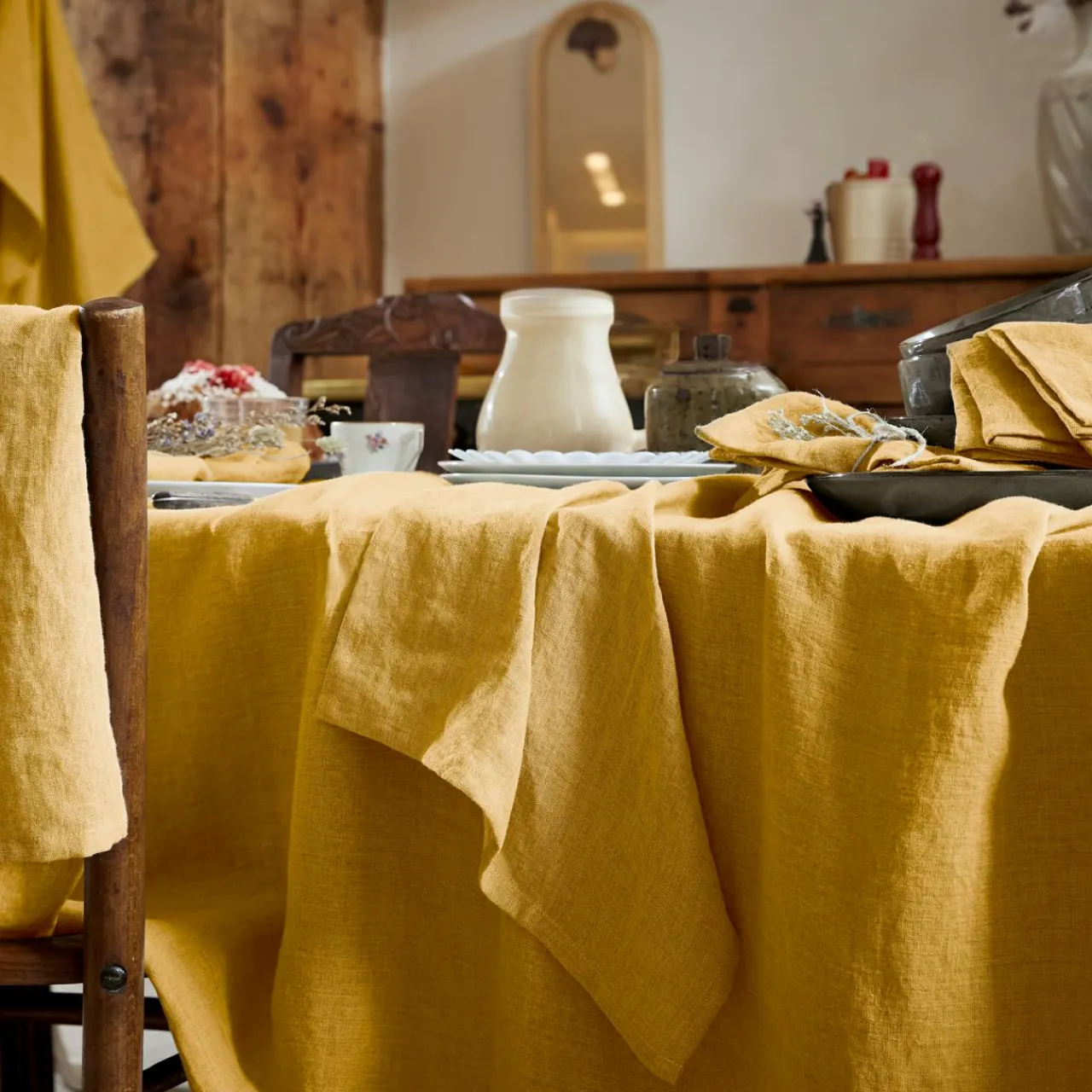 Serviette De Table|EMINZA Lot de 3 serviettes lin lavé (40 x 40 cm) Louise Jaune moutarde