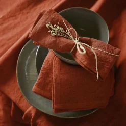 Serviette De Table|EMINZA Lot de 3 serviettes lin lavé (40 x 40 cm) Louise Terracotta