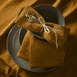 Serviette De Table|EMINZA Lot de 3 serviettes lin lavé (40 x 40 cm) Louise Caramel