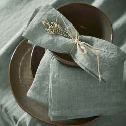 Serviette De Table|EMINZA Lot de 3 serviettes lin lavé (40 x 40 cm) Louise Vert Eucalyptus