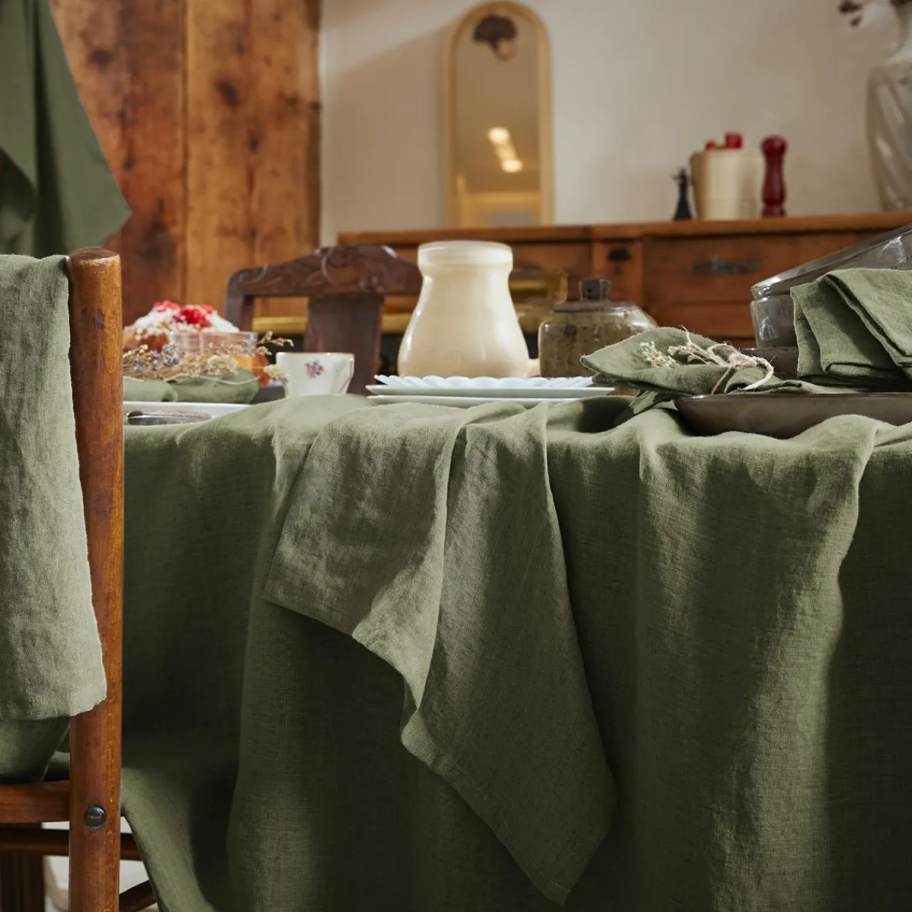 Serviette De Table|EMINZA Lot de 3 serviettes lin lavé (40 x 40 cm) Louise Vert romarin