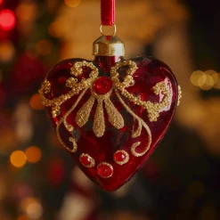 Décoration De Sapin|KAEMINGK Lot de 2 suspensions de Noël en verre (H8 cm) Coeurs précieux pailleté or Bordeaux