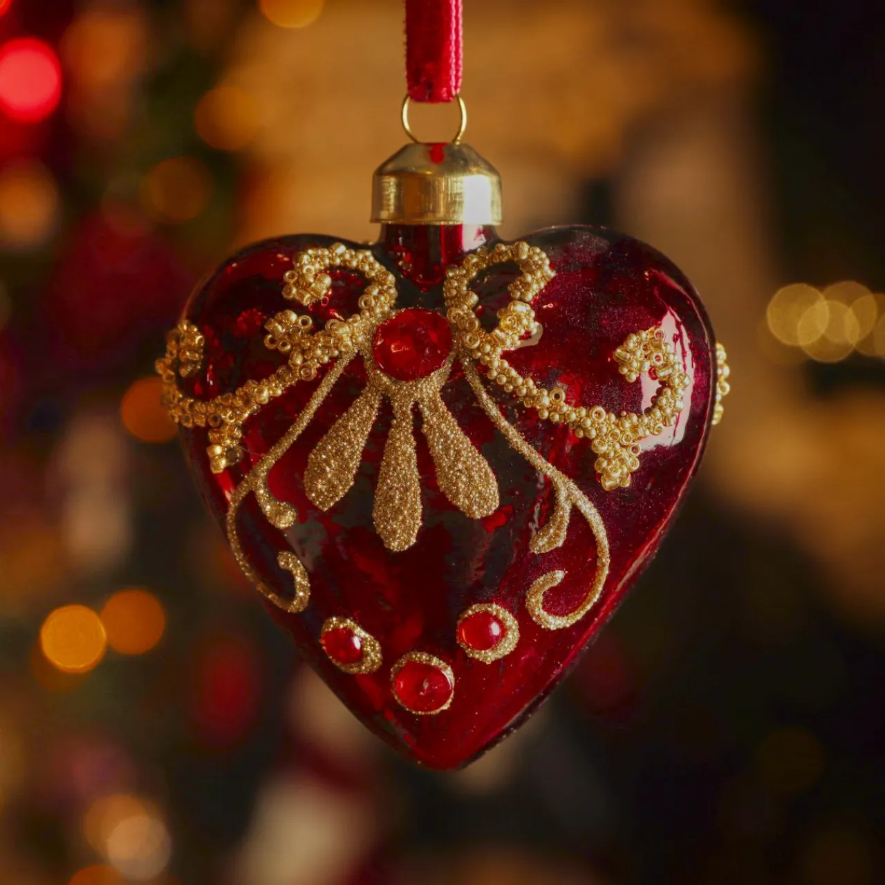 Décoration De Sapin|KAEMINGK Lot de 2 suspensions de Noël en verre (H8 cm) Coeurs précieux pailleté or Bordeaux