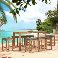 Chaise De Jardin|MOBELLIA Lot de 2 tabourets hauts de jardin en bois d'acacia Bornéo Gris Anthracite