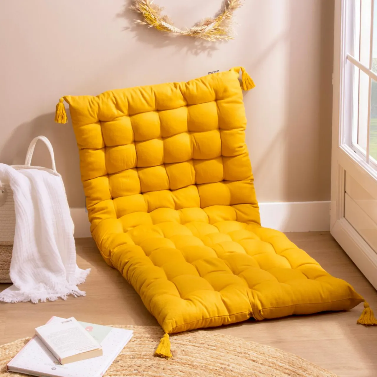 Coussin De Sol|EMINZA Matelas de sol coton (120 x 60 cm) Pixel Jaune moutarde