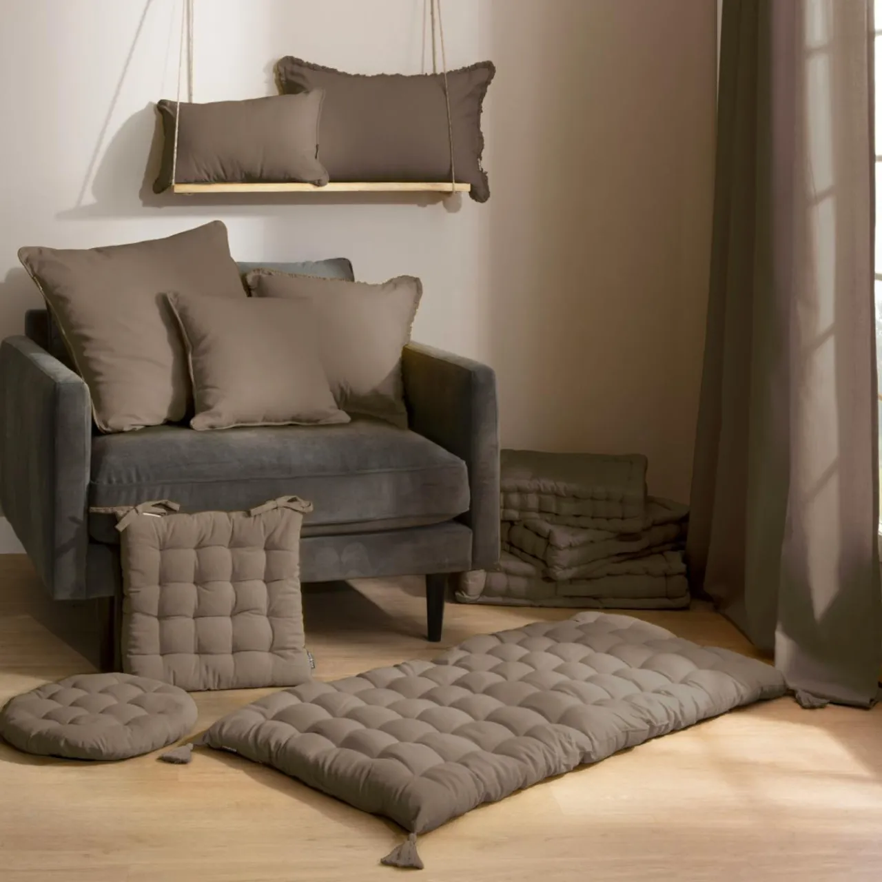 Coussin De Sol|EMINZA Matelas de sol coton (120 x 60 cm) Pixel Taupe