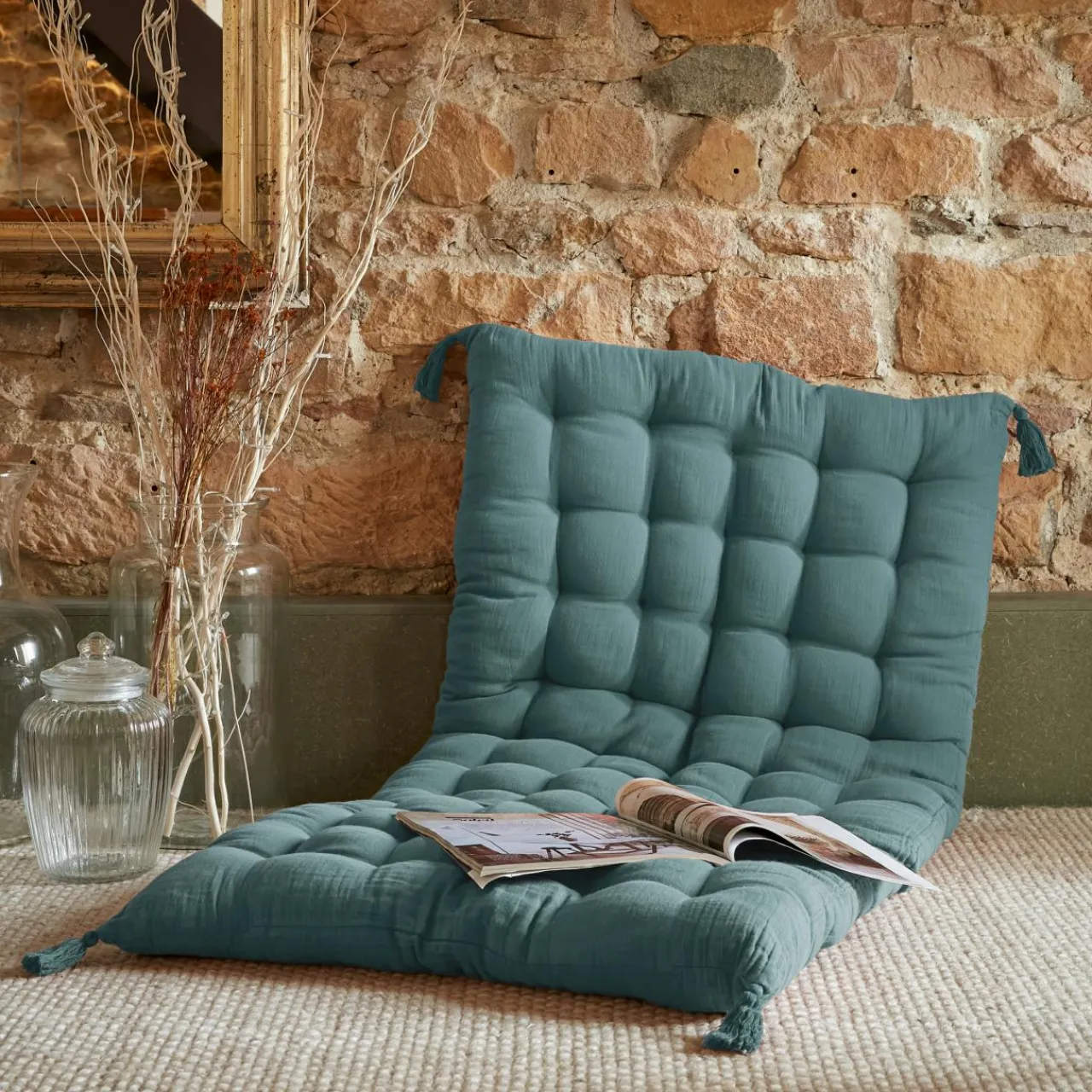 Coussin De Sol|EMINZA Matelas de sol gaze de coton (60 x 120 cm) Gaïa Bleu canard