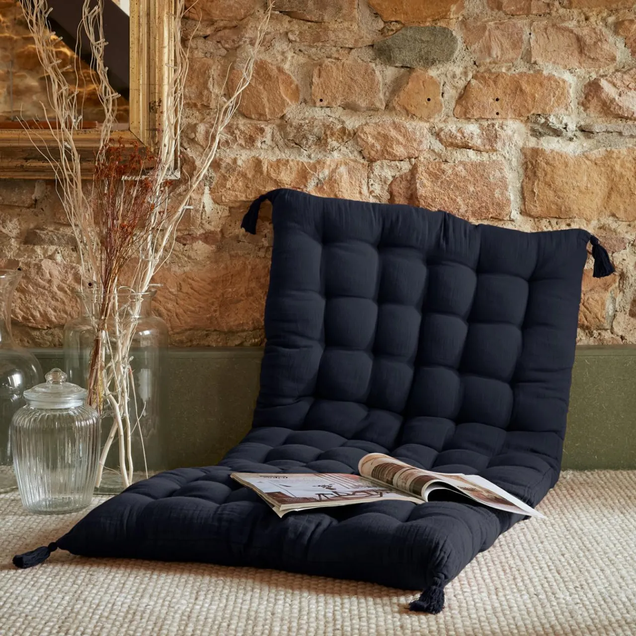 Coussin De Sol|EMINZA Matelas de sol gaze de coton (60 x 120 cm) Gaïa Bleu nuit