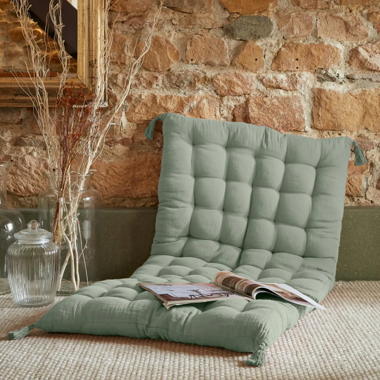 Coussin De Sol|EMINZA Matelas de sol gaze de coton (60 x 120 cm) Gaïa Vert Eucalyptus