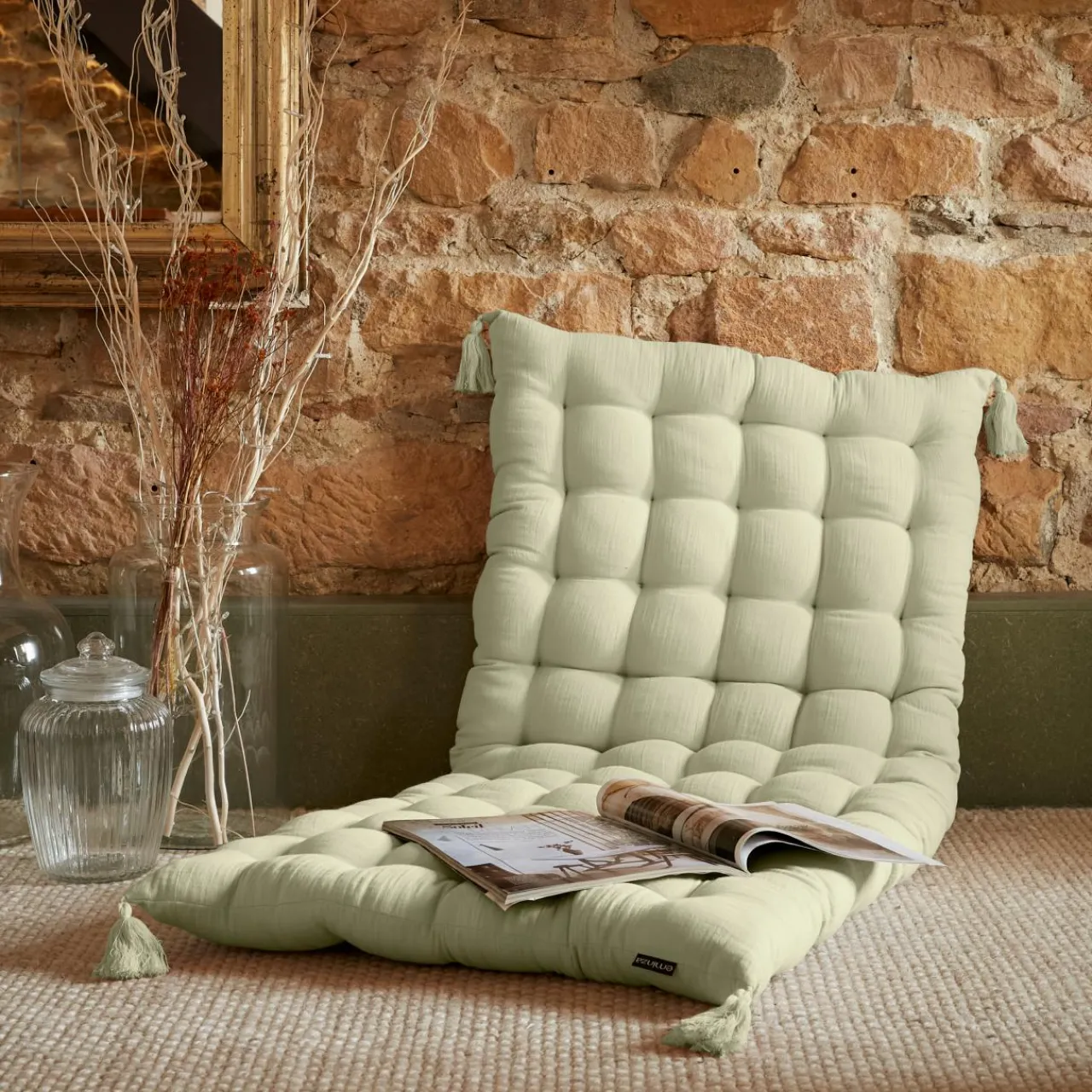 Coussin De Sol|EMINZA Matelas de sol gaze de coton (60 x 120 cm) Gaïa Vert tilleul