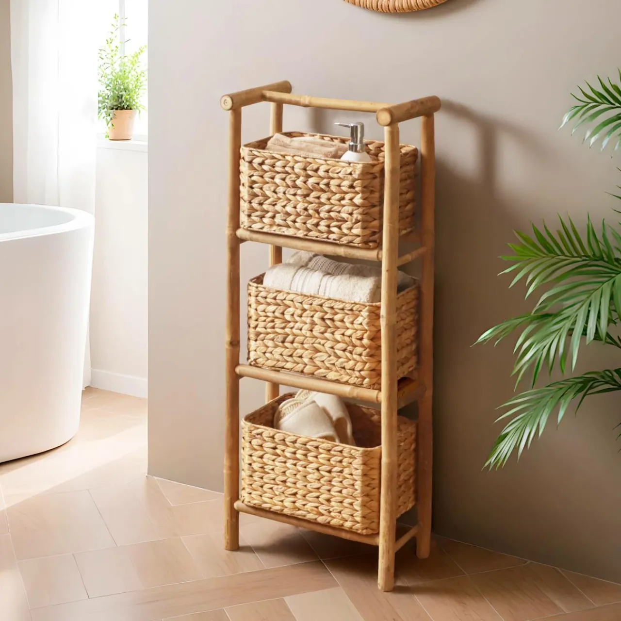 Meuble Salle De Bain|Rangement Salle De Bain|TENDANCE Meuble 3 paniers bambou et jacinthe d'eau (39 x H91 cm) Hanoï Naturel