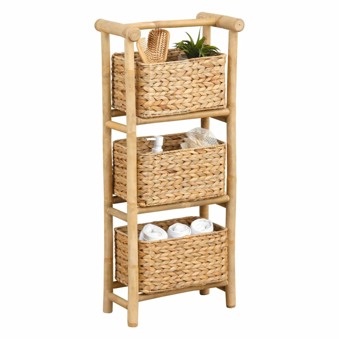 Meuble Salle De Bain|Rangement Salle De Bain|TENDANCE Meuble 3 paniers bambou et jacinthe d'eau (39 x H91 cm) Hanoï Naturel