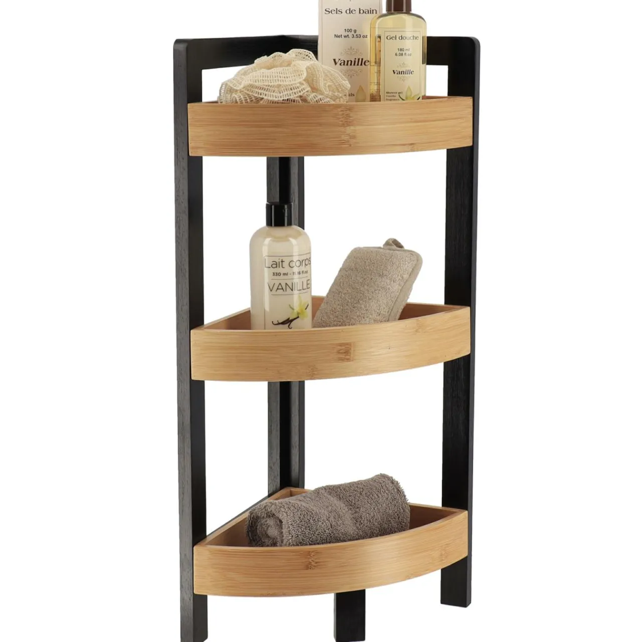Meuble Salle De Bain|Rangement Salle De Bain|TENDANCE Meuble d'angle 3 étagères bambou (23 x H61 cm) Harmonie Noir