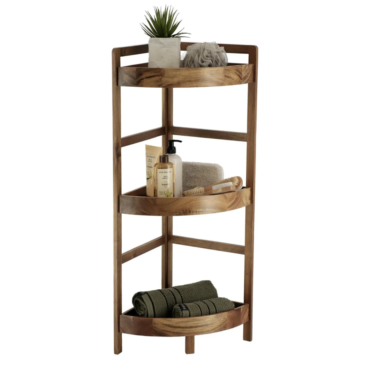 Meuble Salle De Bain|Rangement Salle De Bain|TENDANCE Meuble d'angle 3 étagères bois acacia (29 x H86 cm) Lina Marron