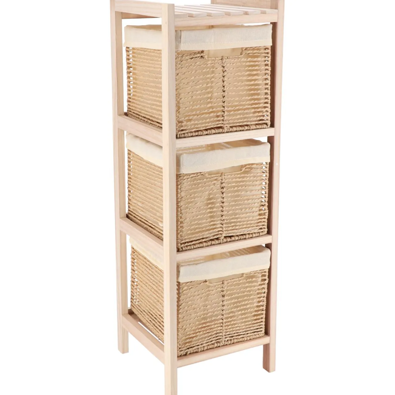 Meuble Salle De Bain|Rangement D'Entrée|TENDANCE Meuble de rangement 3 paniers (H77 cm) Paulownia Beige