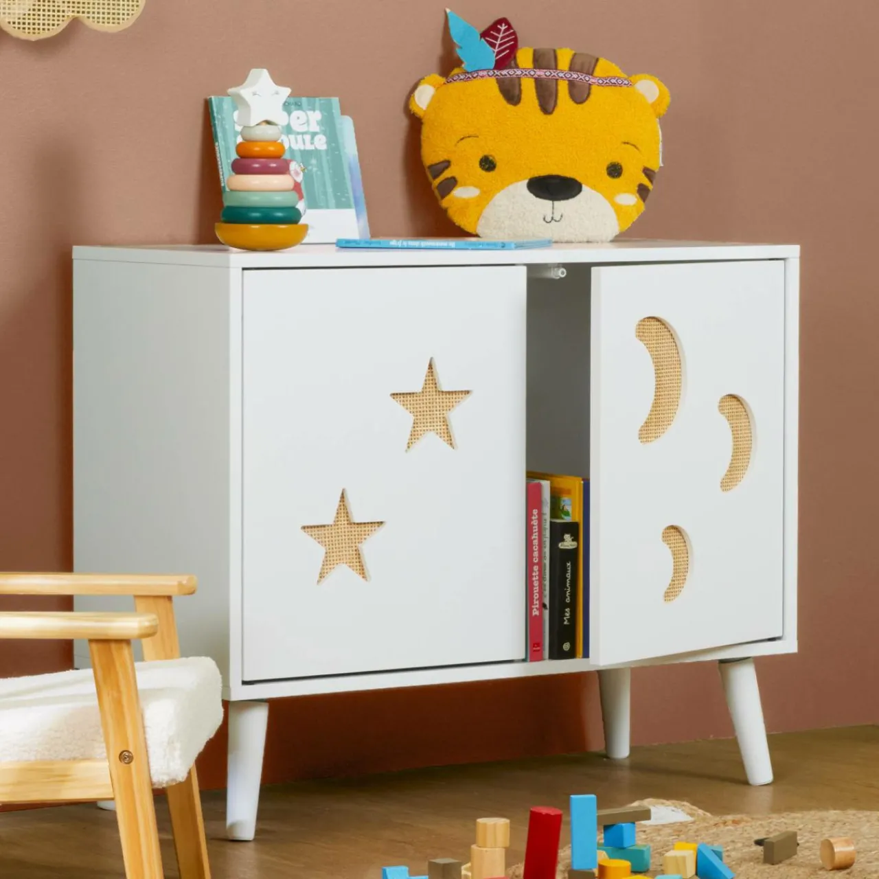 Petit Meuble Enfant|EMINZA Meuble de rangement enfant bois 2 portes (H65 cm) Stars Blanc