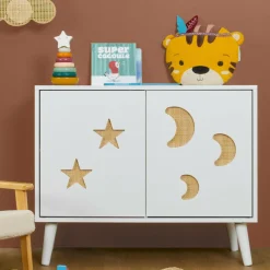 Petit Meuble Enfant|EMINZA Meuble de rangement enfant bois 2 portes (H65 cm) Stars Blanc