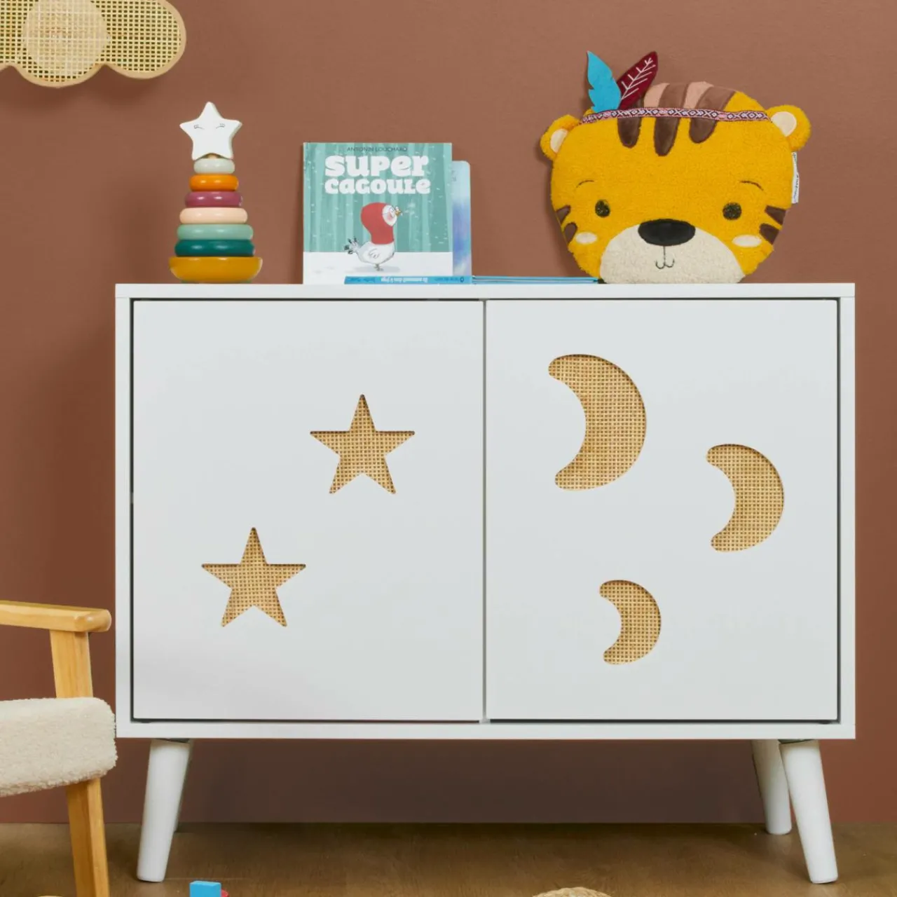 Petit Meuble Enfant|EMINZA Meuble de rangement enfant bois 2 portes (H65 cm) Stars Blanc