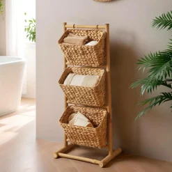 Meuble Salle De Bain|Rangement Salle De Bain|TENDANCE Meuble incliné 3 paniers bambou et jacinthe d'eau (40 x H92 cm) Hanoï Naturel