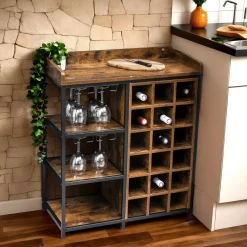 Range Bouteilles|EMINZA Meuble range-bouteilles industriel 18 emplacements et porte-verres (H82 cm) Paul Marron