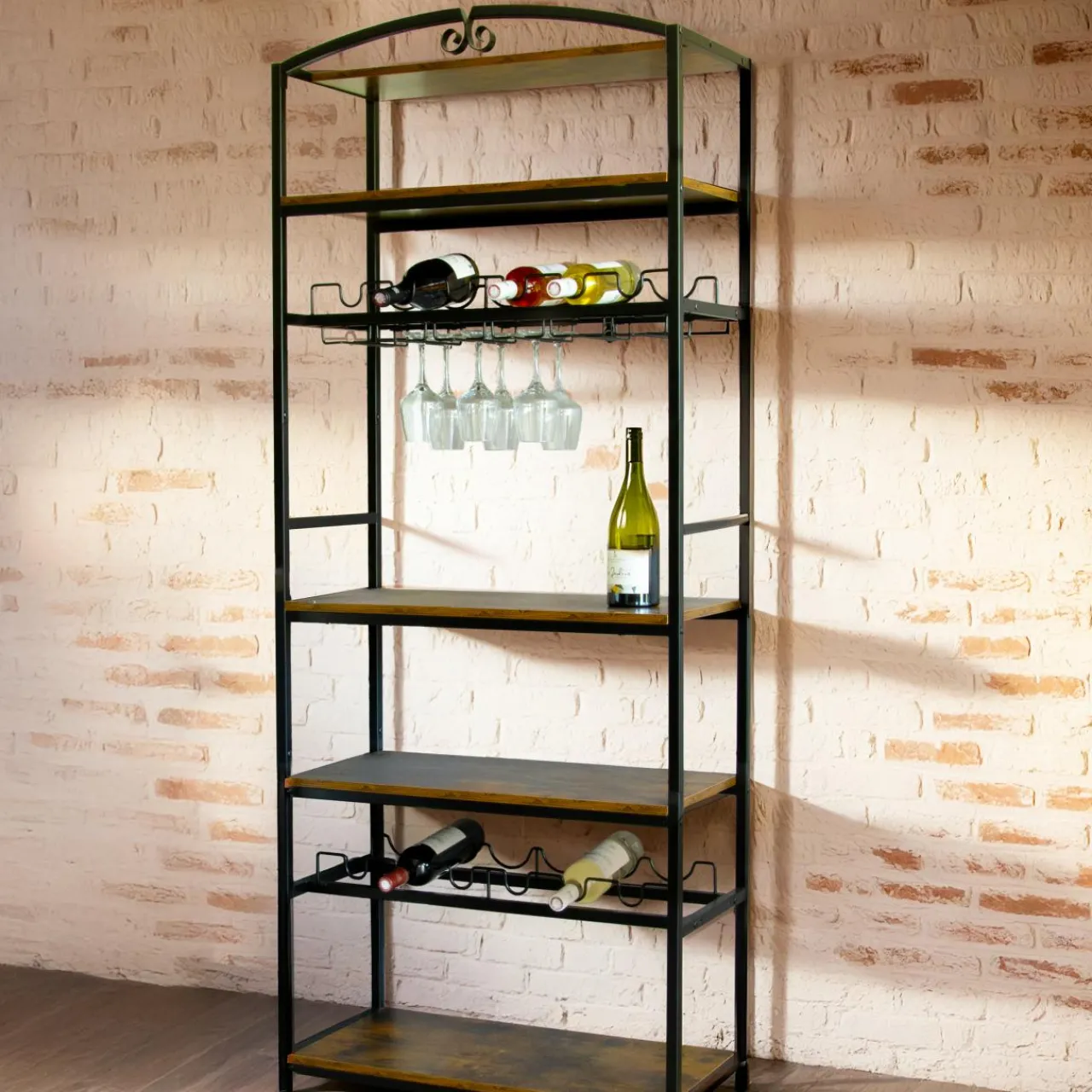 Range Bouteilles|EMINZA Meuble range-bouteilles industriel 12 emplacements et porte-verres (H180 cm) Pablo Marron