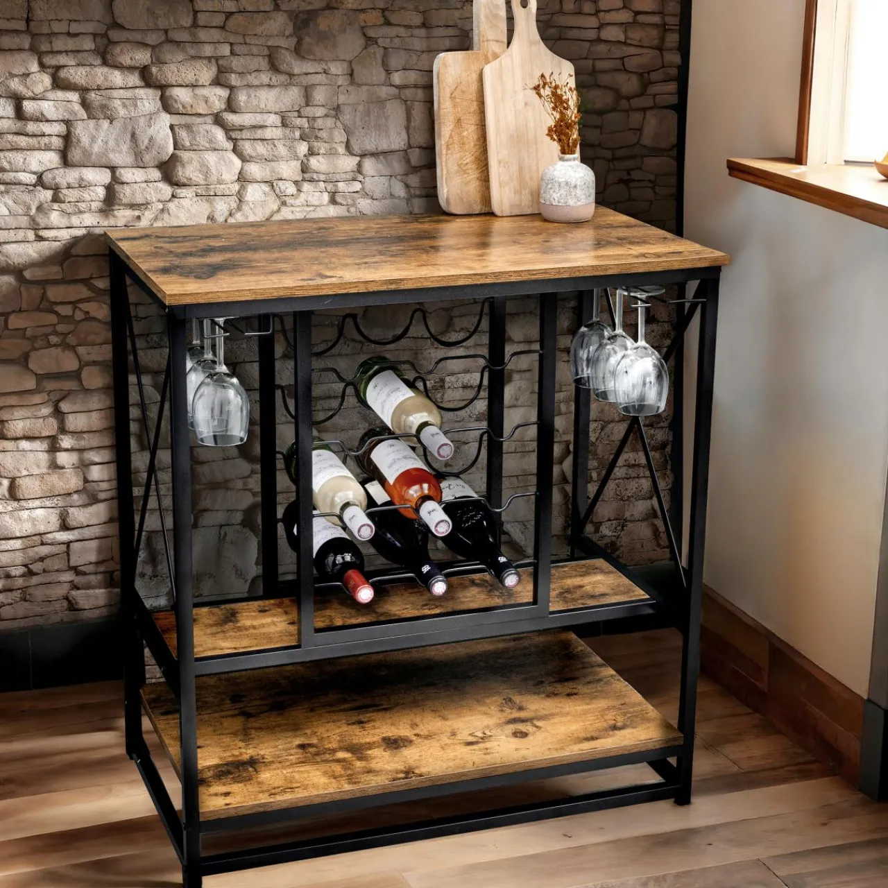 Range Bouteilles|EMINZA Meuble range-bouteilles industriel 12 emplacements et porte-verres (H86 cm) Louis Marron