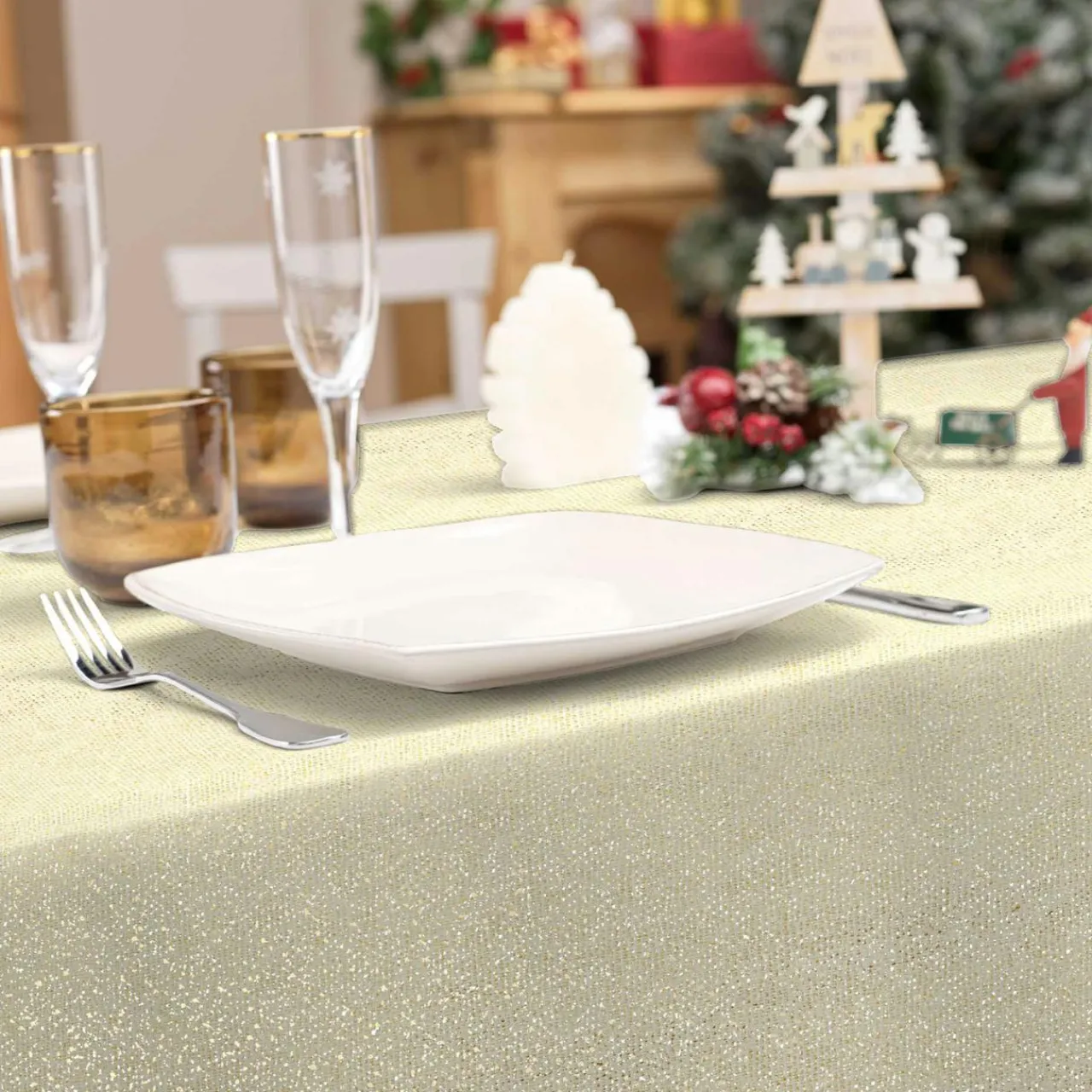 Nappe Et Chemin De Table|Douceur d interieur Nappe de Noël rectangulaire (140 x 300 cm) Strass Or