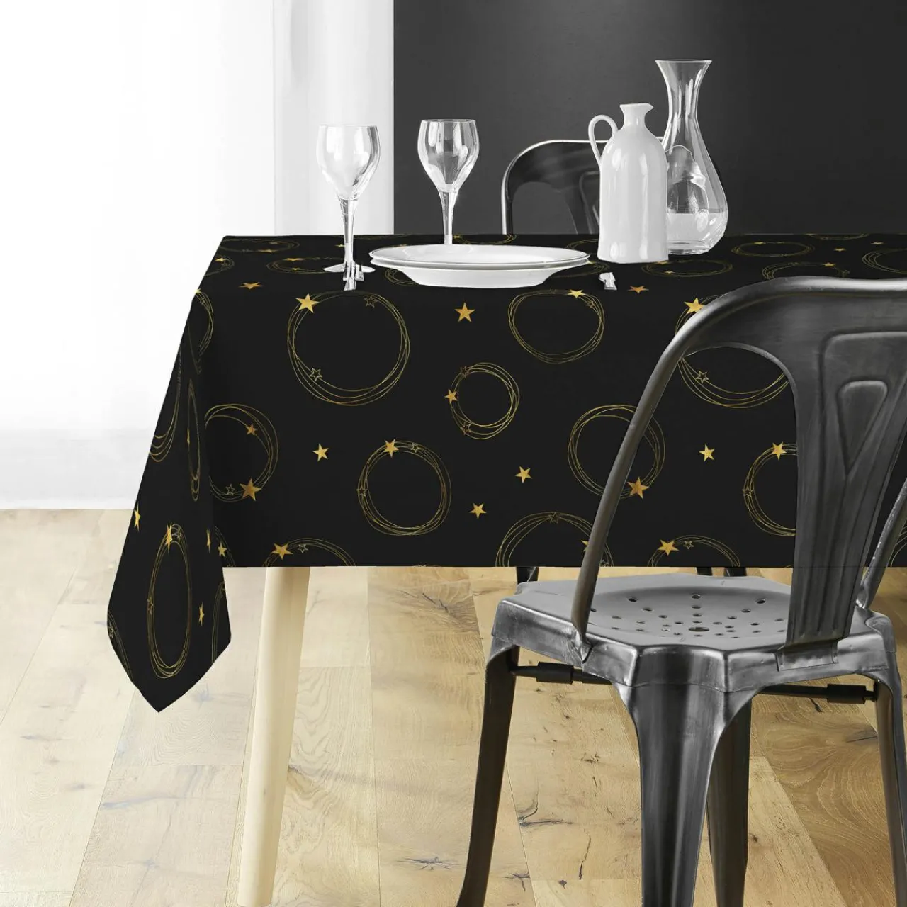 Nappe Et Chemin De Table|Douceur d interieur Nappe de Noël rectangulaire (150 x 300 cm) Star et or Noir