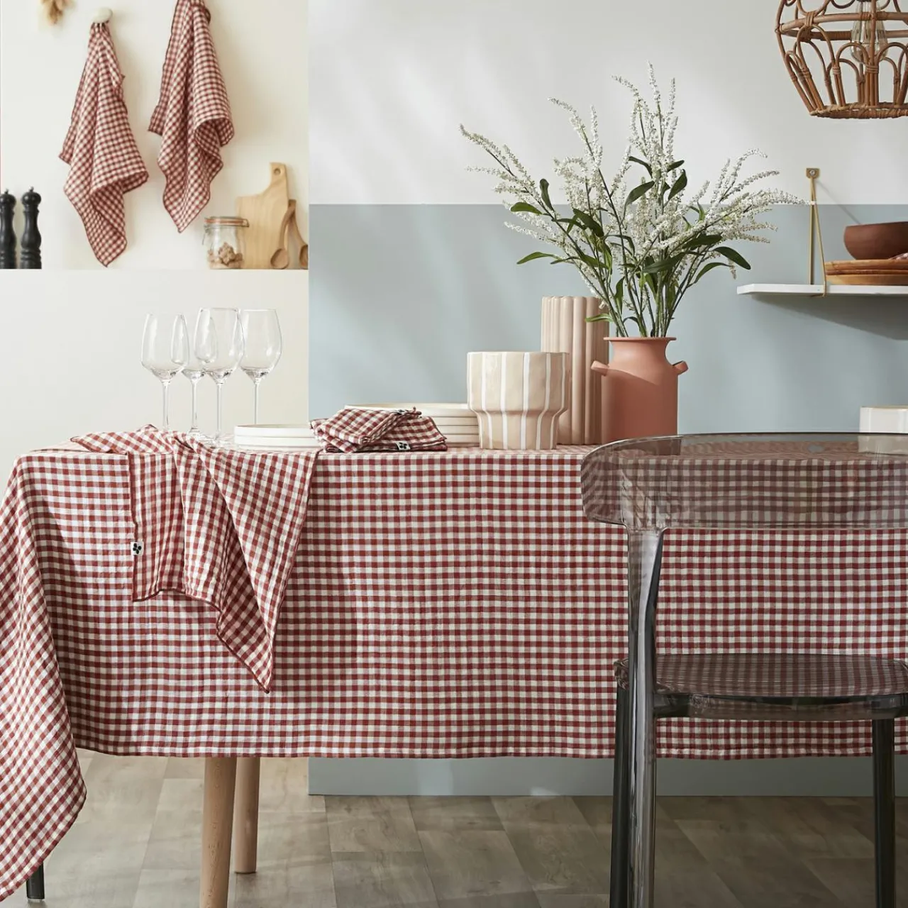 Nappe De Table|EMINZA Nappe rectangulaire gaze de coton (150 x 350 cm) Gaïa vichy Terracotta