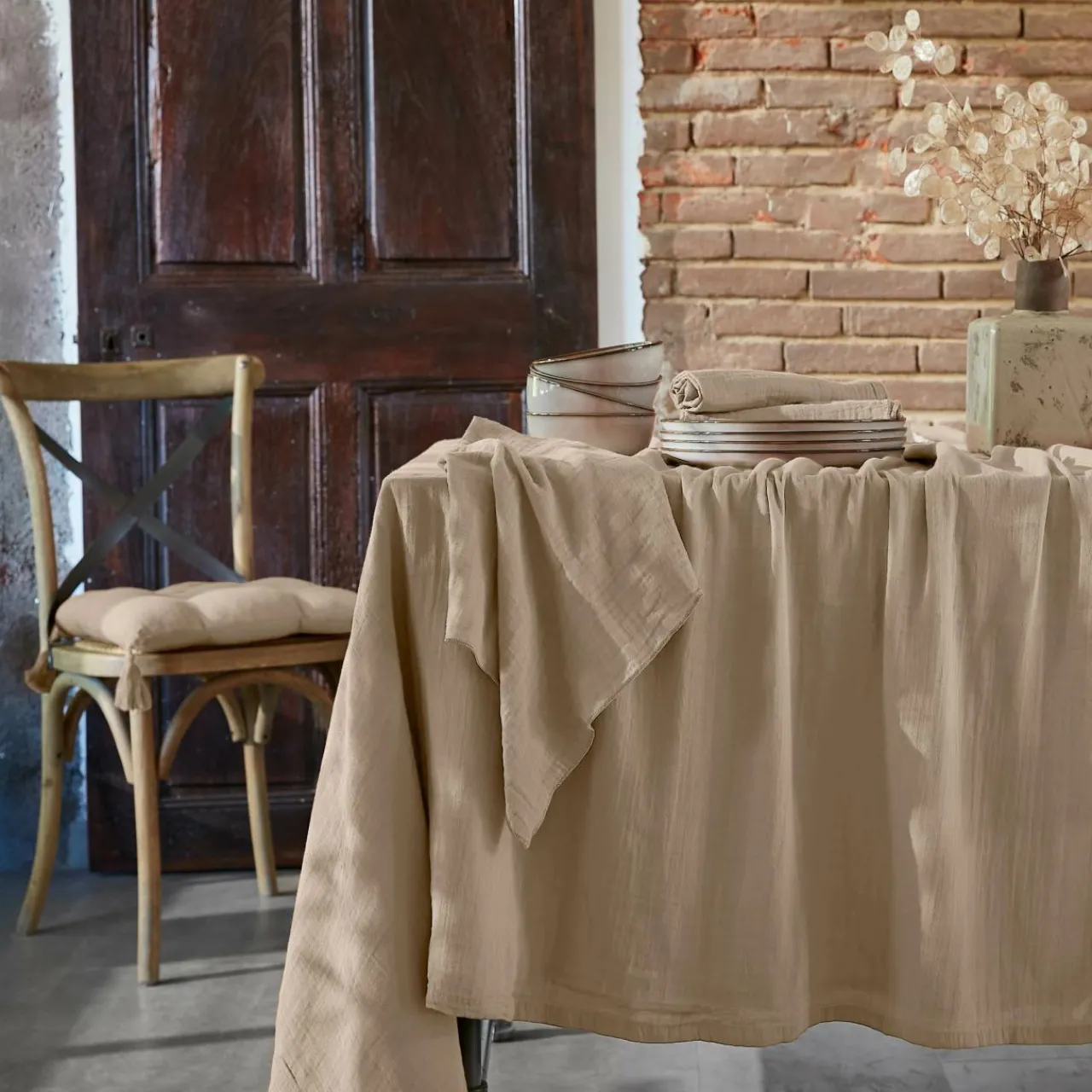 Nappe De Table|EMINZA Nappe rectangulaire gaze de coton (150 x 350 cm) Gaïa Ficelle