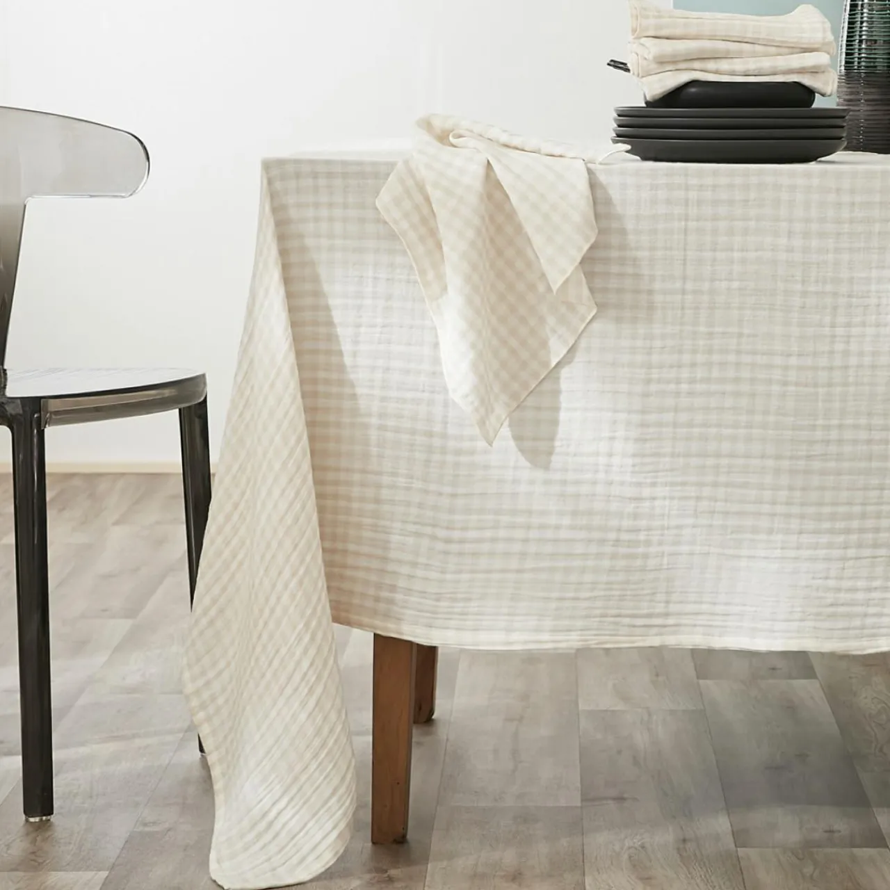 Nappe De Table|EMINZA Nappe rectangulaire gaze de coton (150 x 350 cm) Gaïa vichy Beige