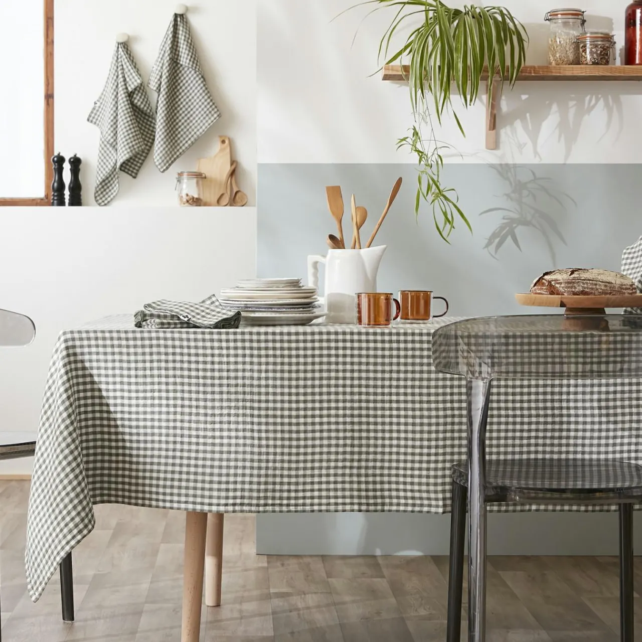 Nappe De Table|EMINZA Nappe rectangulaire gaze de coton (150 x 350 cm) Gaïa vichy Vert romarin