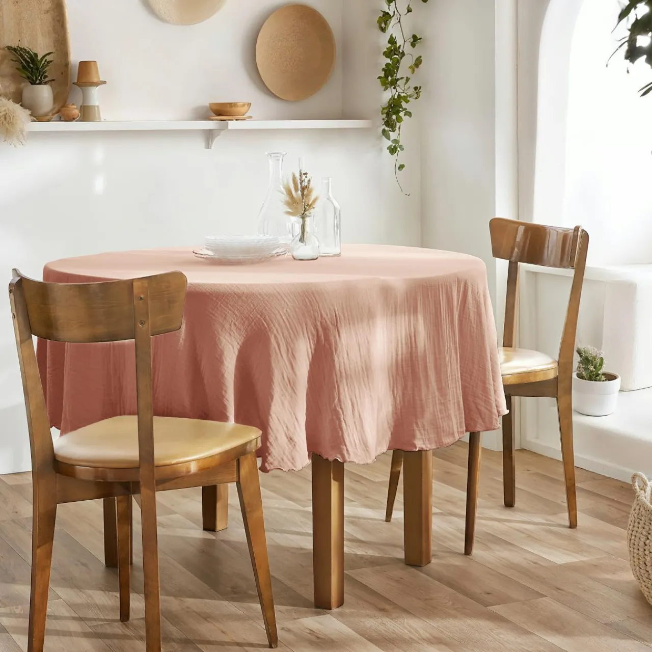 Nappe De Table|EMINZA Nappe ronde gaze de coton (180 cm) Gaïa Rose pêche Rose clair