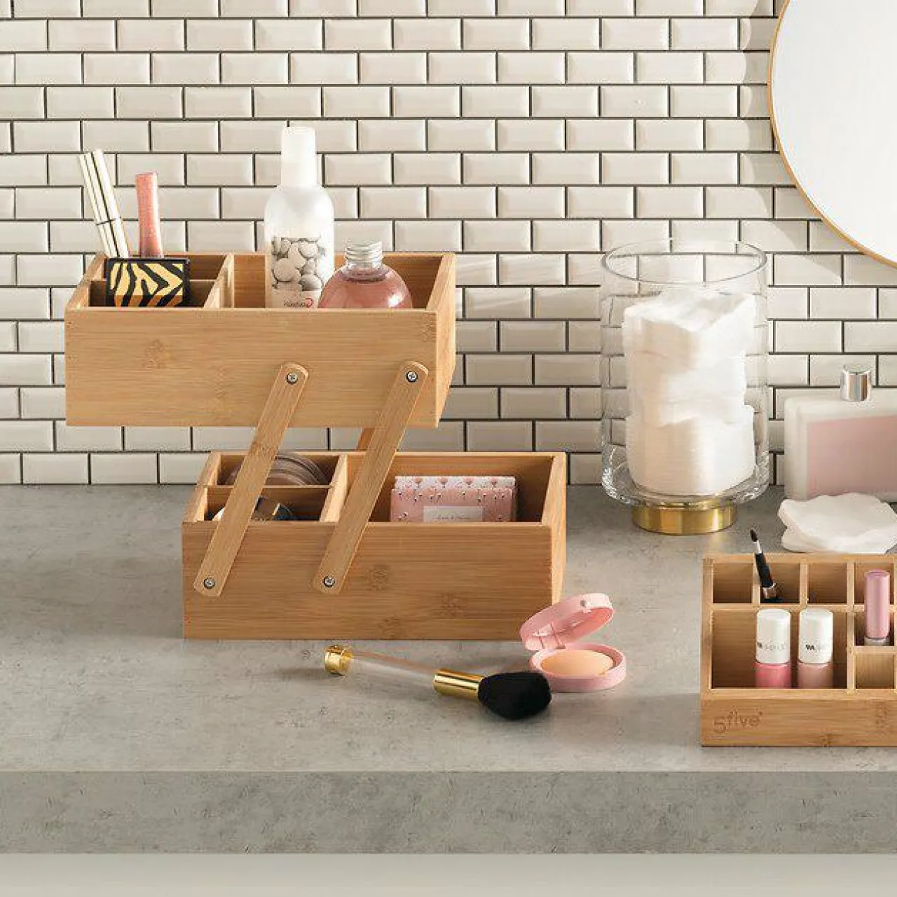 Panier Et Organisateur|Accessoire Salle De Bain|5 Five Simply Smart Organisateur de maquillage 2 niveaux Bambou Naturel