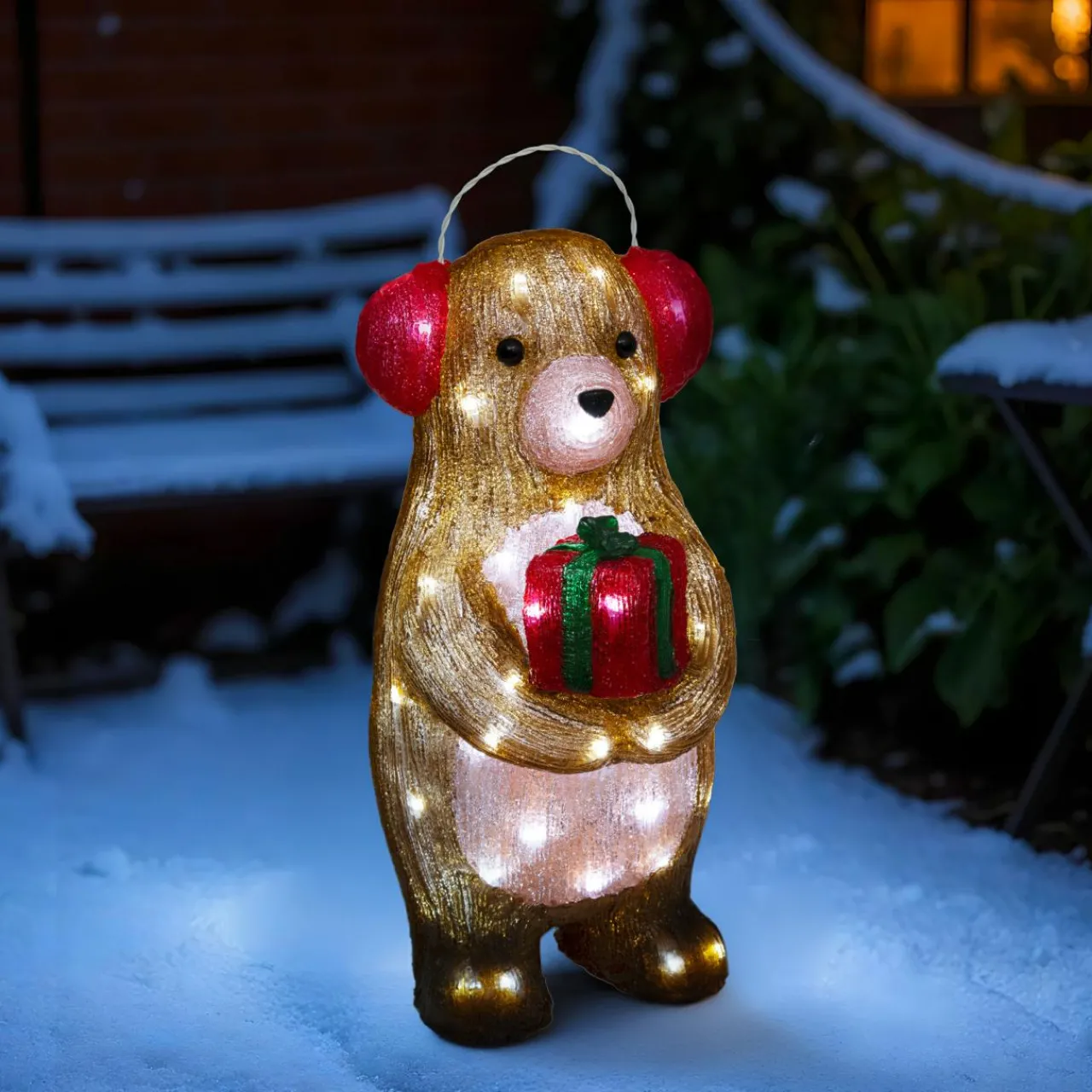 Déco Et Objet Lumineux|JJA Ours lumineux solaire 60 LED (H40 cm) Cache-oreilles Blanc chaud Marron