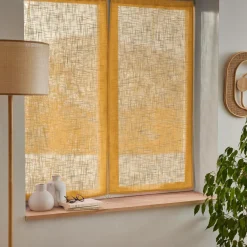 Voilage|EMINZA Paire de voilages passe-tringle effet lin (60 x 90 cm) Robin Jaune ocre