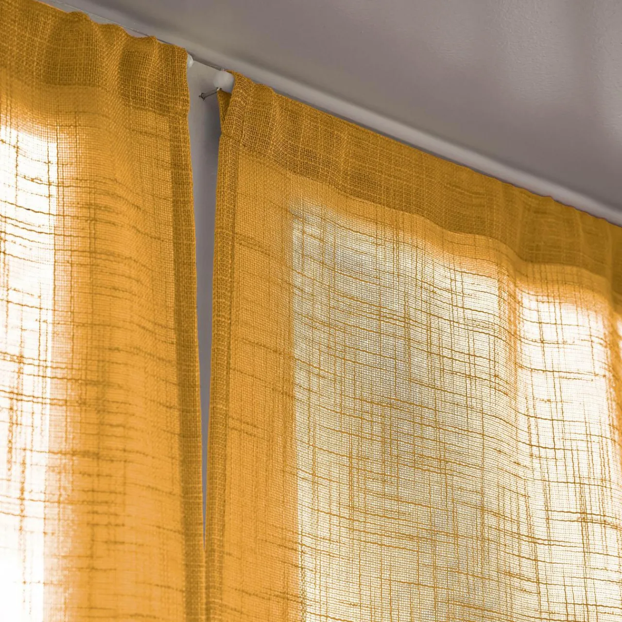 Voilage|EMINZA Paire de voilages passe-tringle effet lin (60 x 90 cm) Robin Jaune ocre