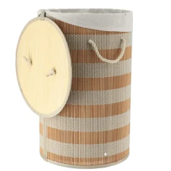 Panier Et Organisateur|Accessoire Salle De Bain|TENDANCE Panier à linge rond et pliable (H55 cm) Bambou et beige Naturel