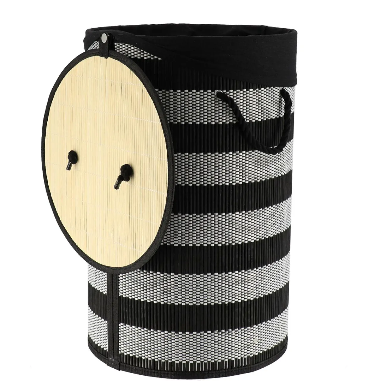 Panier Et Organisateur|Accessoire Salle De Bain|TENDANCE Panier à linge rond et pliable (H55 cm) Bambou Noir et blanc Noir cendré