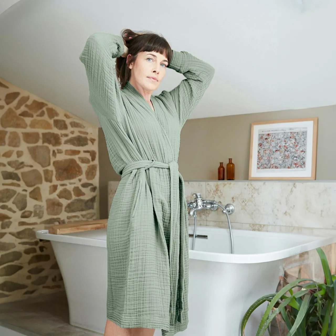 Linge De Bain|Peignoir|EMINZA Peignoir de bain gaze de coton L/XL Gaïa Vert Eucalyptus