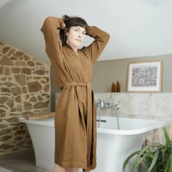 Linge De Bain|Peignoir|EMINZA Peignoir de bain gaze de coton L/XL Gaïa Camel