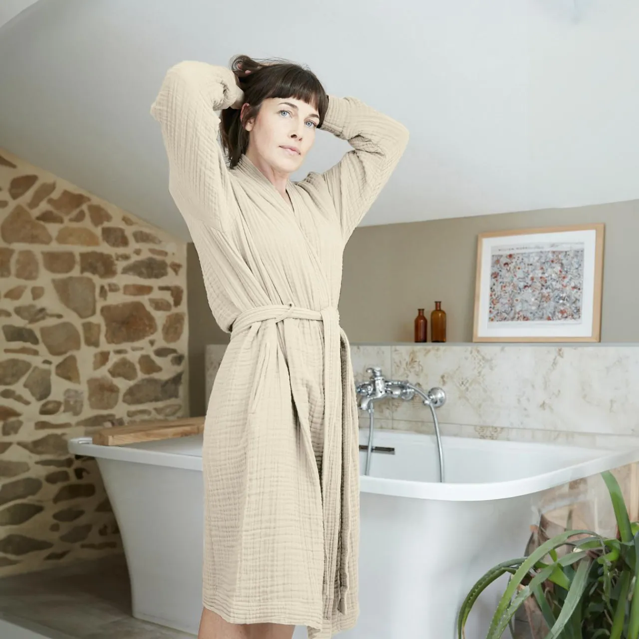 Linge De Bain|Peignoir|EMINZA Peignoir de bain gaze de coton S/M Gaïa pampa Beige