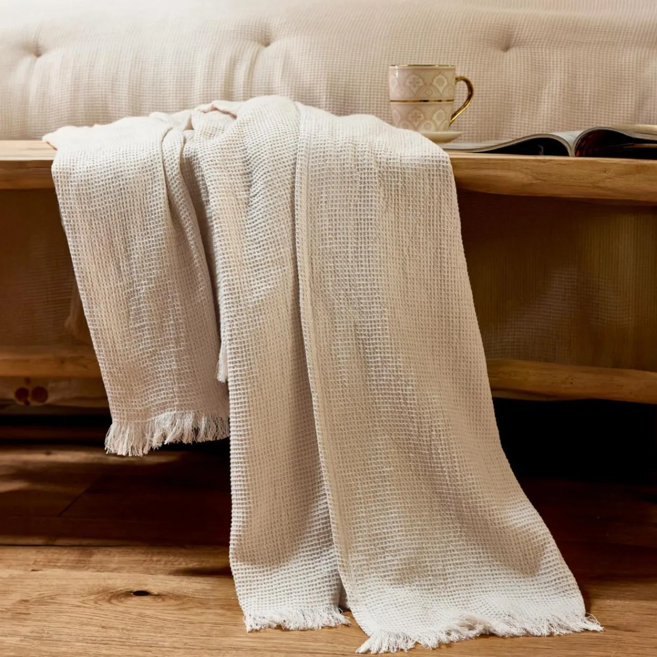 Plaid Et Jeté|EMINZA Plaid coton nid d'abeille (130 x 160 cm) Eva Beige