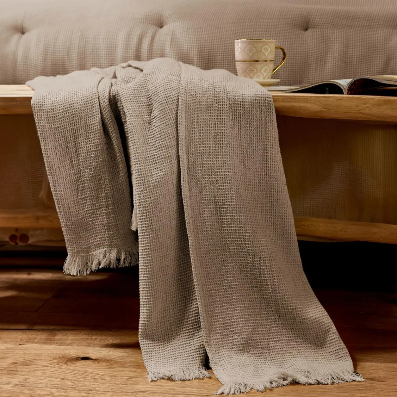 Plaid Et Jeté|EMINZA Plaid coton nid d'abeille (130 x 160 cm) Eva Ficelle