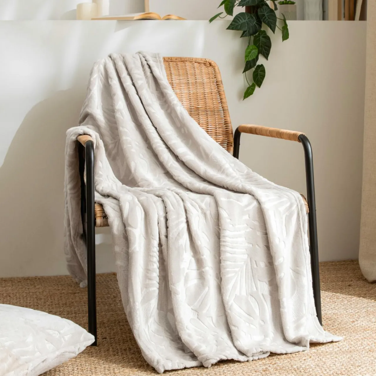 Plaid Et Jeté|EMINZA Plaid doux flanelle (130 x 180 cm) Flore Ecru