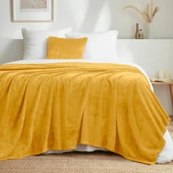 Plaid Et Jeté|EMINZA Plaid doux flanelle (220 x 240 cm) Didou Jaune moutarde