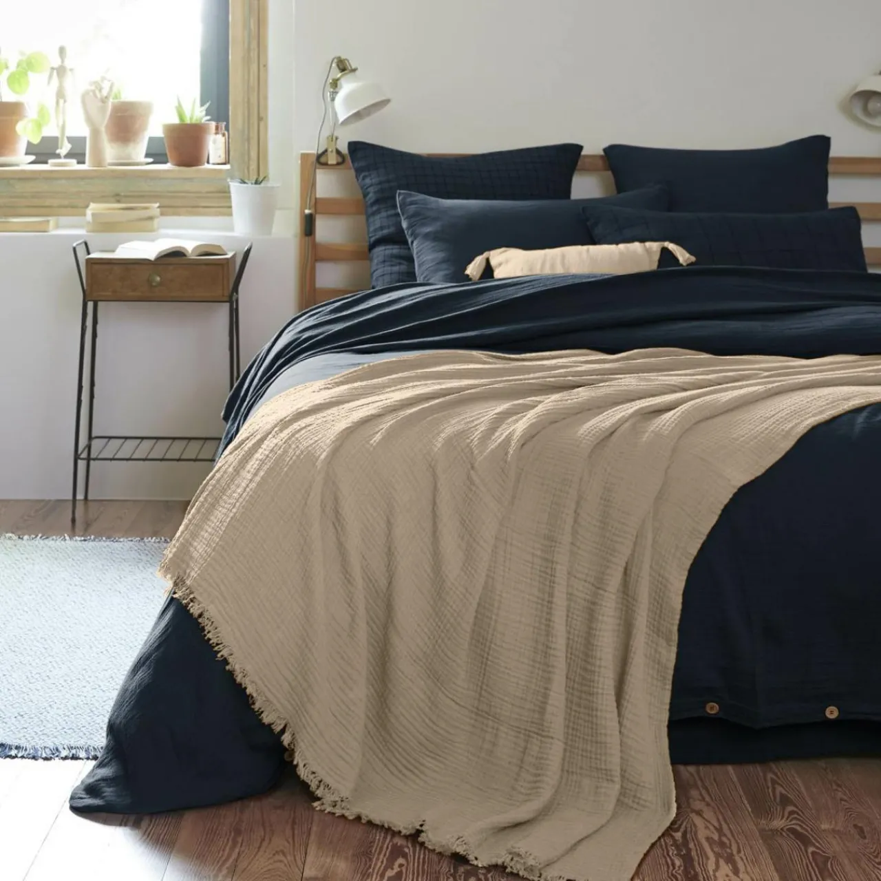 Plaid Et Jeté|EMINZA Plaid gaze de coton (180 x 220 cm) Gaïa Ficelle