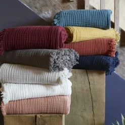 Plaid Et Jeté|Couvre-Lit Et Édredon|EMINZA Plaid gaze de coton (180 x 220 cm) Gaïa Vert Eucalyptus