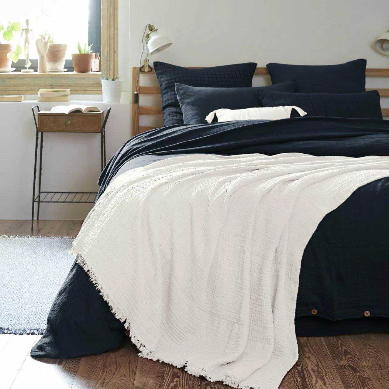 Plaid Et Jeté|Couvre-Lit Et Édredon|EMINZA Plaid gaze de coton (180 x 220 cm) Gaïa chantilly Blanc